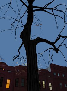 夜の家と木、ブルックリン。(デジタルアート)