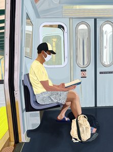 地下鉄で本を読む裸足の男性、2020-24年頃（デジタルアート） 作： エヴァン・スクラー