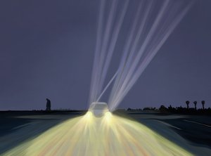 夜、ライトハウスビーチの駐車場を歩く男性（マサチューセッツ州チャタム）（デジタルアート 作： エヴァン・スクラー