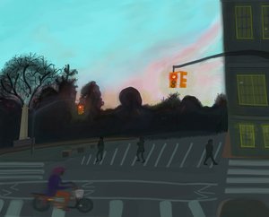 オレンジ色のスクーター、グランド・アーミー・プラザ、ブルックリン、2016年（iPadでアップルペンシルを使って手描きしたもの）