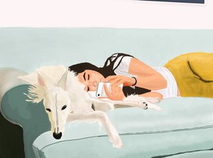 ペニーとエヴァ、自宅のソファで（デジタルアート） 作： エヴァン・スクラー