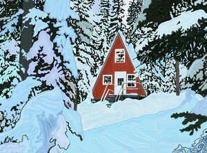 赤、夜の雪の中のフレームハウス（デジタルアート） 作： エヴァン・スクラー