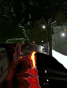雨上がりの歩道に映る赤い光、NY、夜明け（デジタルアート） 作： エヴァン・スクラー