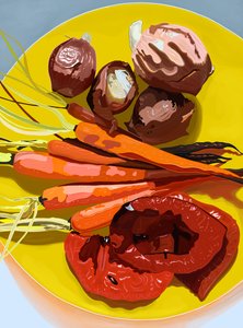 黄色い皿の上のロースト野菜、ブルックリン（デジタルアート）