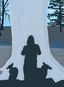 大きな木の幹に人と犬の影、ブルックリン（デジタルアート）