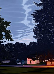 夕暮れ時のニューヨーク州ハミルトンの街路樹と住宅（デジタルアート） 作： エヴァン・スクラー