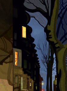 夜の街とビルの屋上（デジタルアート） 作： エヴァン・スクラー