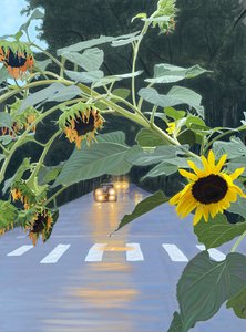 夜明けの並木道のひまわりと車。(デジタルアート)
