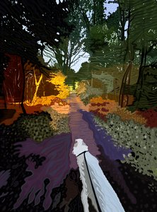 フォレストで散歩する白い犬（デジタルアート） 作： エヴァン・スクラー