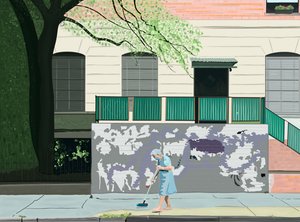 歩道を掃除する女性、ブルックリン（デジタルアート） 作： Evan Sklar