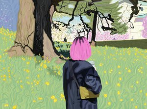 ウーマン・ヴィルト ピンクの髪と水仙畑（デジタルアート）