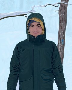 雪の中で緑のパーカーを着た若い男（デジタルアート） 作： エヴァン・スクラー