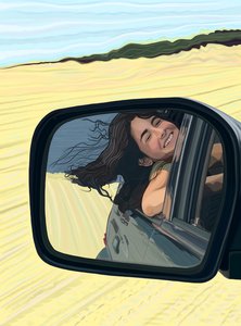 ビーチを走る車のサイドミラーに映る若い女性の笑顔（デジタルアート） 作： エヴァン・スクラー
