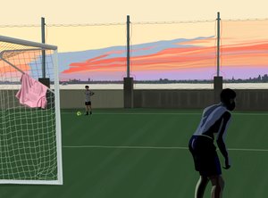 ブルックリン・ブリッジ・パークでの少年サッカー（デジタルアート） 作： エヴァン・スクラー