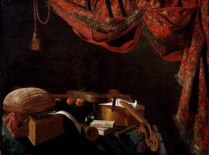 エヴァリスト・バスケニスによる楽器と本の絵画のある静物 作： Evaristo Baschenis
