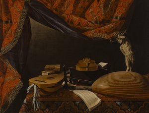 楽器、本、彫刻のある静物c。 1650 作： Evaristo Baschenis