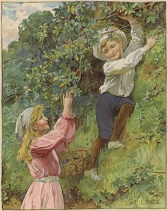 若い女の子と男の子がブラックベリーを選ぶ 作： Eveline Lance