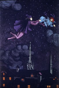 Alain Rene Lesage (Alain-Rene Le Sage) (1668-1747) (1707) による小説「足の不自由な悪魔」の挿絵。 E.Torrent による 1930 年頃の素描。 作： Evelio Torrent