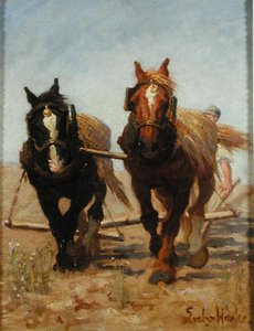 The Ploughing Team, Sussex Downs」（油彩・キャンバス） 作： Evelyn Harke