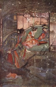 足利将軍家の宮殿にいる加藤佐右衛門、F. ハドランド デイヴィス作「日本の神話と伝説」の挿絵 作： Evelyn Paul