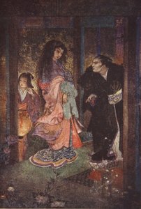 新三郎はつゆとメイドのヨネを認めた、F. Hadland Davis 作「The Myth and Legends of Japan」の挿絵