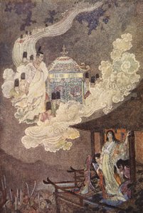 月の民はかぐや姫を要求する、F Hadland Davis 作の「The Myths and Legends of Japan」のイラスト