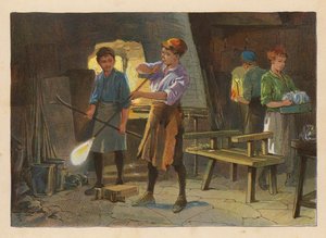小さな労働者たちガラス吹き（カラーリトグラフ） 作： Evelyn Stuart Hardy