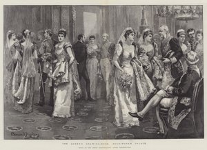 女王の応接室、バッキンガム宮殿、プレゼンテーション後の緑の応接室のシーン 作： Everard Hopkins