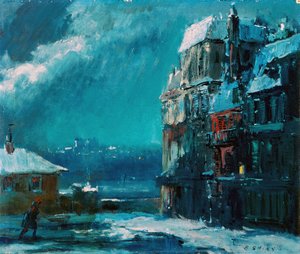 冬の夜、パリ（油彩・板） 作： Everett Shinn