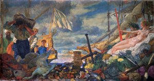 国際貿易の寓話。 Evgeny Evgenyevich Lanceray (Eugene Lansere) (1875-1946) による絵画、キャンバスに油彩。 19世紀後半から20世紀初頭のロシア美術。 国立トレチャコフ美術館、モスクワ。 作： Evgeni Evgenievitch Lanceray