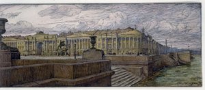 サンクトペテルブルクの元老院。 ネヴァ川岸の建物の説明。 Evgeny Evgenyevich Lanceray (Eugene Lansere) (1875-1946) の作品、リトグラフ