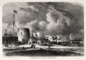 1857年から1859年にかけてのバートン船長の東アフリカ五大湖航海を説明するために、Evremond de Berard（1824-1881）が描いたザンジバル（現在のタンザニア）の街の港。パリの "Le tour du monde, nouveau journal des voyages "に掲載された版画。 作： Evremond de (after) Berard