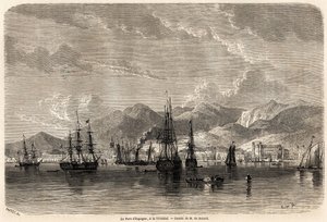 トリニダード（トリニダード・トバゴ）のスペイン港。アンソニー・トロロープ（1815-1882）が1858-1859年に行った西インド諸島への航海を説明するために、エヴルモン・オーギュスト・ドゥ・ベラール（1824-1881）が描いたもの。Le tour du monde, nouveau journal des voya "に掲載された版画。 作： Evremond de (after) Berard