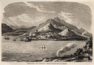 エヴモン・ド・ベラール（1824-1881）が1859年にヴィクトール・ド・ロシャスがニューカレドニアを訪れた際に描いた、ニューカレドニアのフランス港の風景。1861年の "Le tour du monde "に掲載されたエングレーヴィング。セルバのコレクション。 作： Evremond de (after) Berard