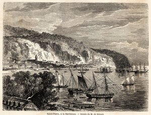 アンソニー・トロループ（1815-1882）が1858-1859年に行った西インド諸島への航海を説明するために、オーギュスト・ドゥ・ベラール（1824-1881）が描いたマルティニークのサン・ピエールの風景。パリの "Le tour du monde, nouveau journal des voyages "に掲載された版画。 作： Evremond de (after) Berard
