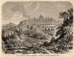 エヴルモン・ド・ベラール（1824-1881）が、1857年のアイダ・ファイファーのマダガスカル旅行を説明するために描いた、マダガスカルの首都タナナリヴの風景。1861年の "Le tour du monde "に掲載されたエングレーヴィング。セルバのコレクション。
