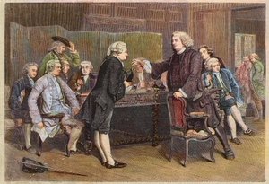ボズウェルの文学クラブへの紹介 - ジョンソン博士がボスウェルを図書館に迎え入れる - エアー・クロウの絵の後のエングレーヴィング 作： Eyre (after) Crowe