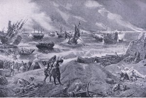 1692年5月23日、ラホグの戦いでのジェームズ2世、1915年の陸と海でのイギリスの戦いのイラスト 作： Eyre Crowe