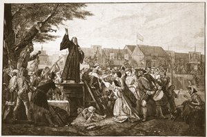 ホワイトフィールドはムーアフィールズで説教し、イラストは「イギリスの教会：人々のための歴史」（HDM Spence-Jones著、パブ）のイラストです。 1910年頃（セピア写真） 作： Eyre Crowe