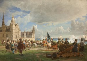 1657 年から 1660 年にかけてのスウェーデン戦争中の 1658 年 10 月 29 日に、オプダム提督率いるオランダ艦隊が海峡を通過します。 作： F.C. Lund