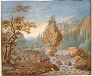 フォア グラウンドで狩猟隊と山の風景 作： F.C. van Bracht