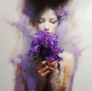 紫色の花を身につけた美しい女性, 壁掛けアート｜キャンバスプリント 作： F. Abderrahim