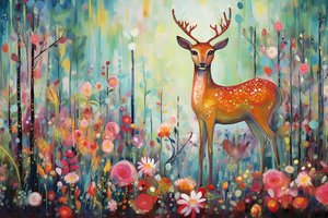 花と自然の中の鹿の動物、明るい色、額装された壁掛けアートプリント 作： F. Abderrahim