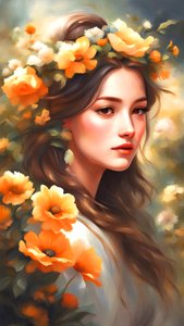 美しい風景の中で花で飾られた女性、ウォールアートプリント 作： F. Abderrahim
