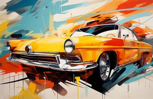 抽象的な古いアメリカの車の絵、70年代＆60年代、壁アートプリント 作： F. Abderrahim