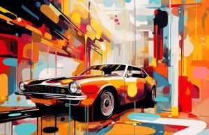 抽象的な古いアメリカの車の絵、若い大人の部屋の装飾、壁のアートプリント 作： F. Abderrahim