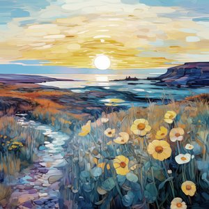 抽象的な紫色の花日の出の風景画、ウォールアート プリント 作： F. Abderrahim