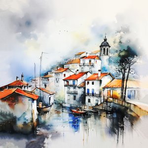 抽象的な水彩画の風景、村とストリート絵画、ホール＆リビングルームの装飾 作： F. Abderrahim