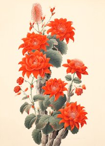 花と抽象的なサボテン、日本の木版画、額入り壁掛けアートプリント 作： F. Abderrahim