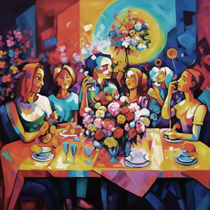 抽象的なイラスト、幸せな家族の夕食、フルカラー、ウォールアート プリント